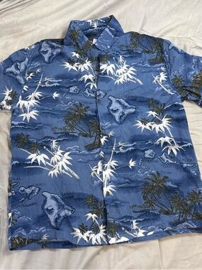 Blue Hawaiian Print Short-Sleeve Shirt vacation beach XL 100% cotton